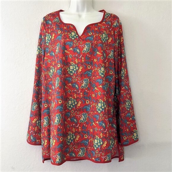 NEW BOHEMIAN FLORAL RED TUNIC TOP - Picture 1 of 11